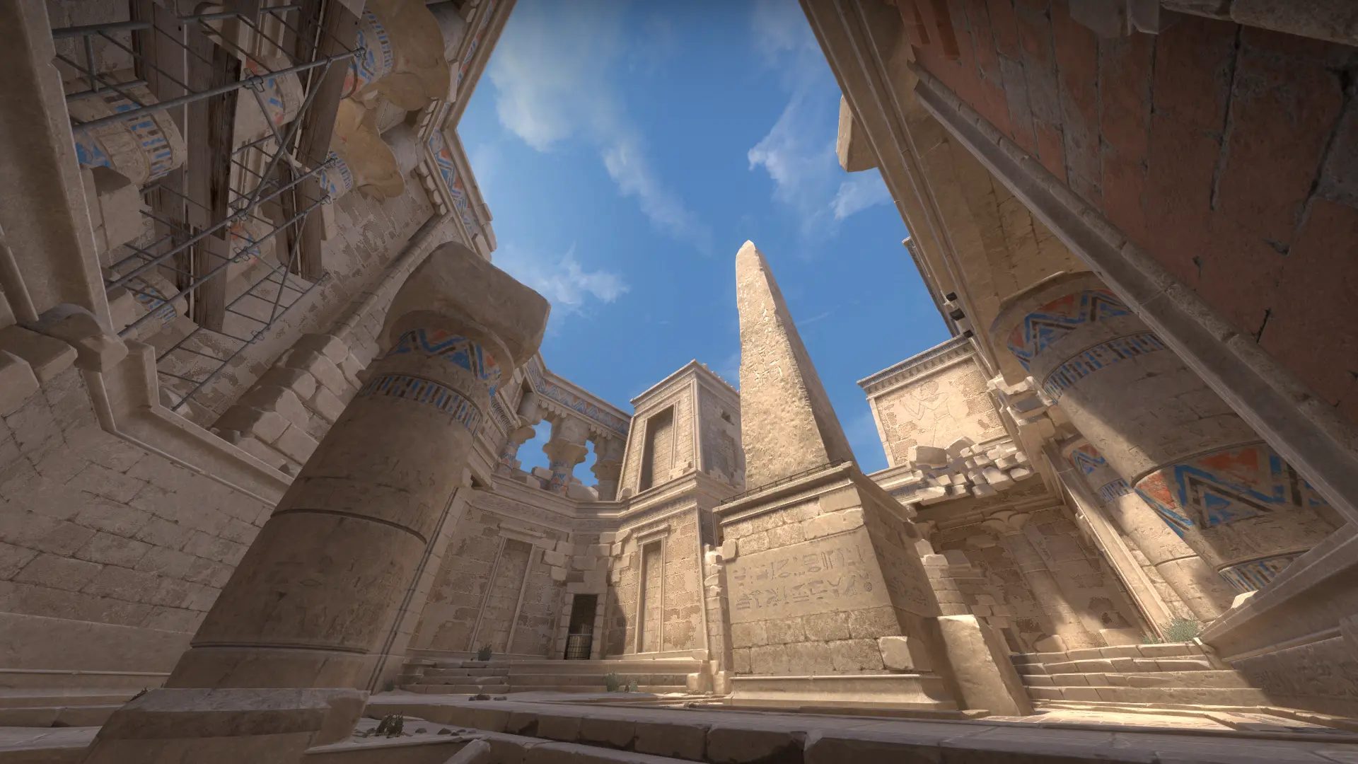 Anubis CS:GO map courtyard with Egyptian columns and an obelisk