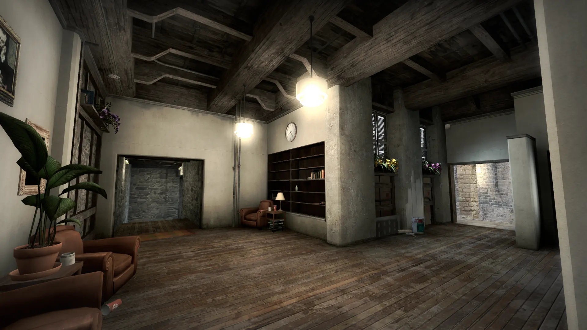 Interior lounge with wooden beams, leather armchairs and a bookshelf