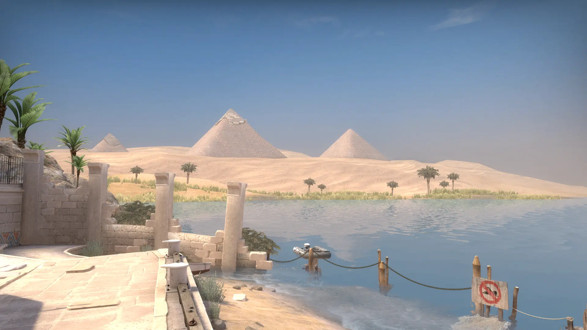 River view from Anubis toward pyramids across the desert