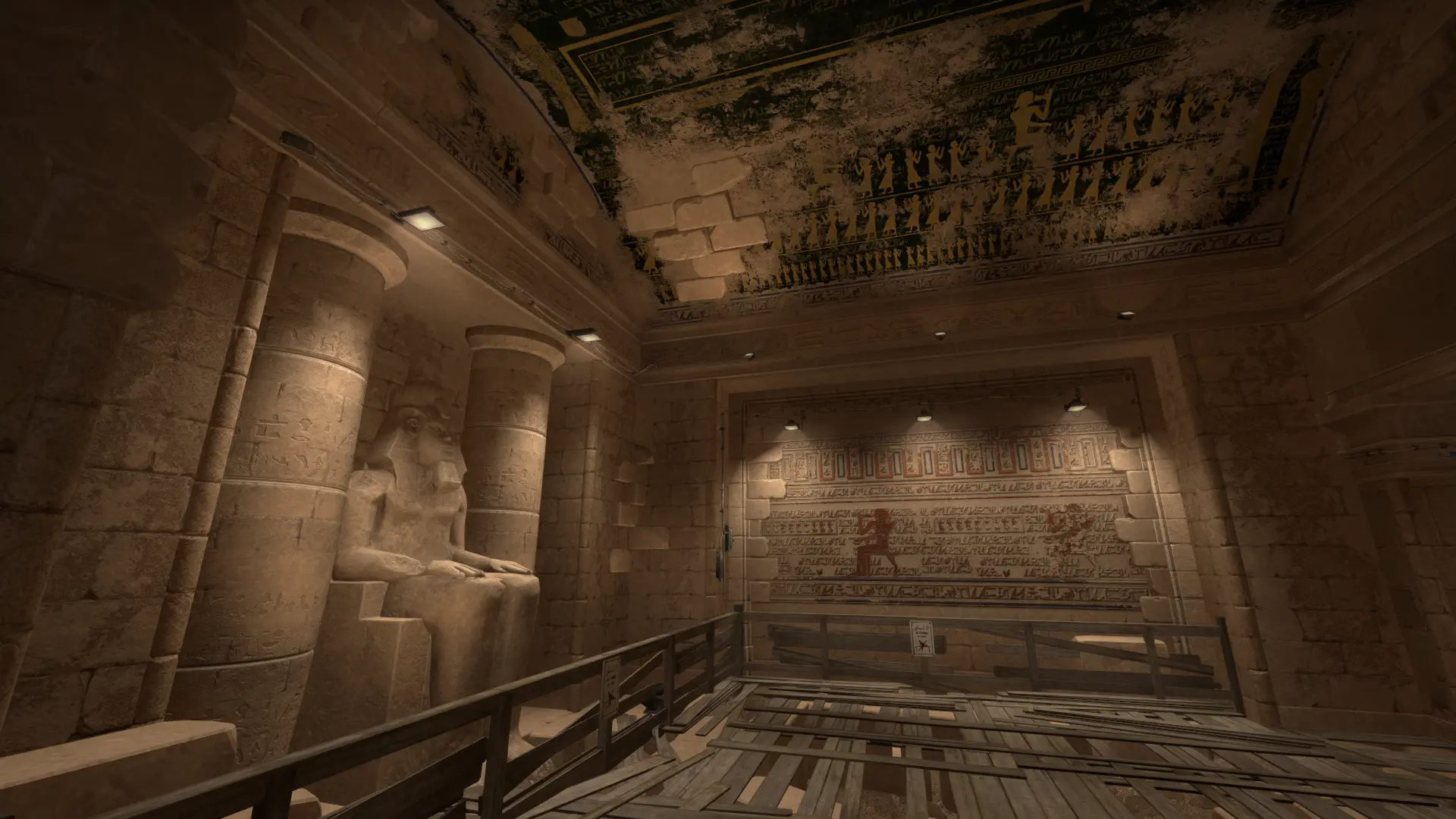 Dim Egyptian interior chamber with carved murals and statues