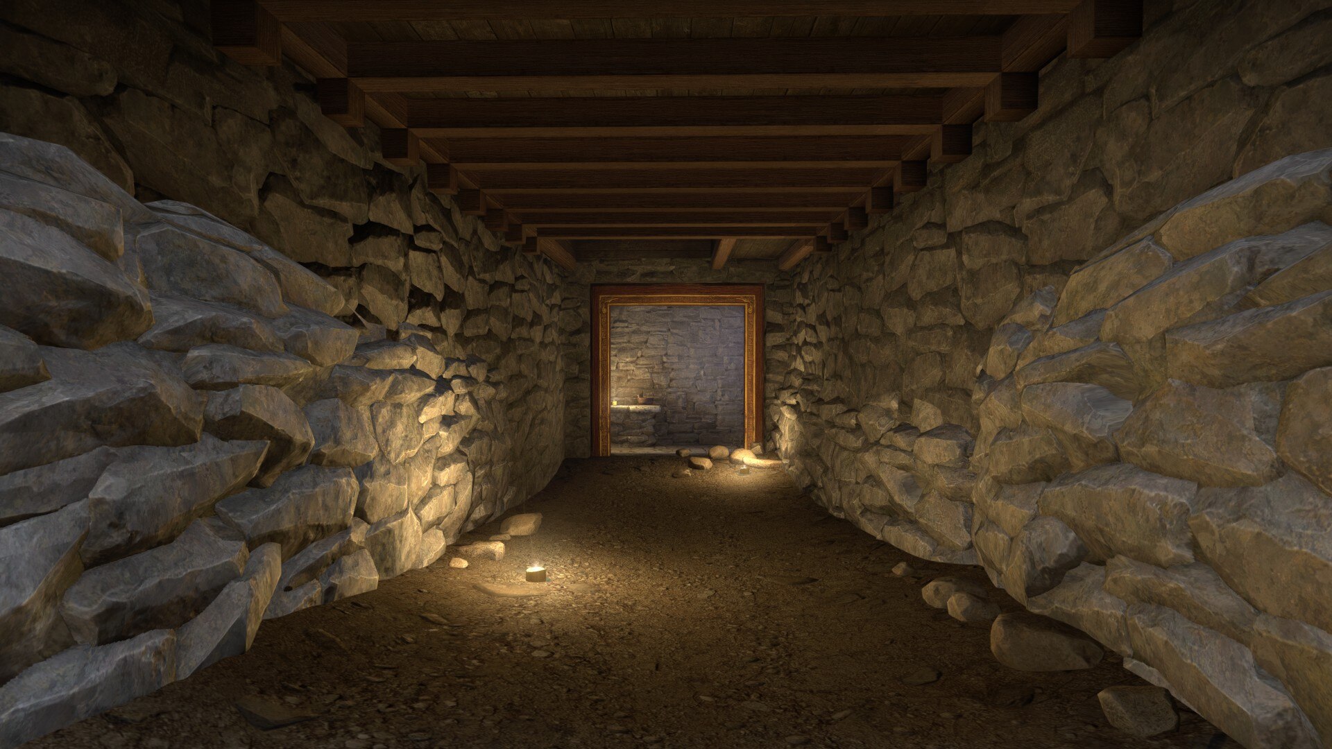 Candle-lit rocky tunnel leading to a golden-framed doorway