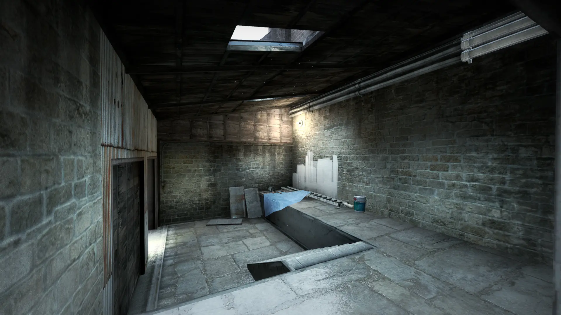 Interior room with a sunken pool of water lit by a skylight
