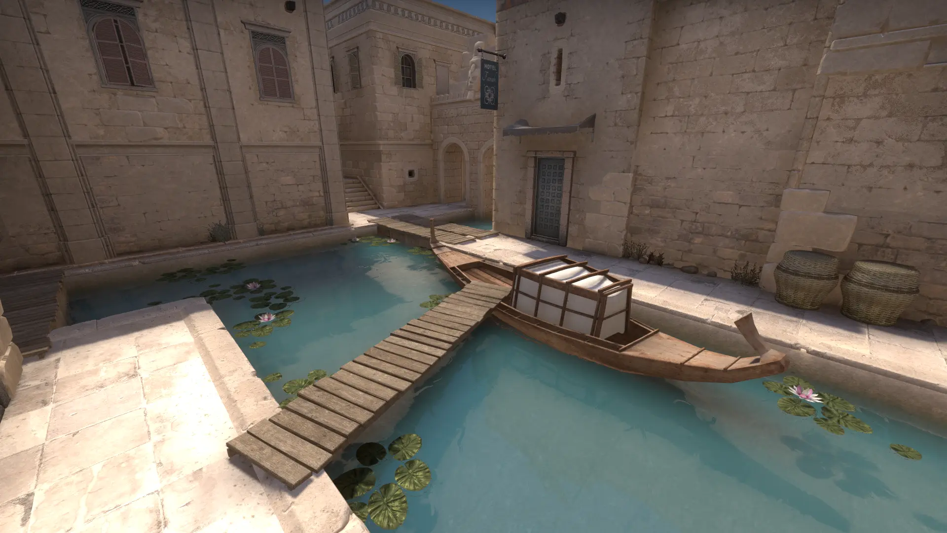 Wooden boat moored in a turquoise canal within the Anubis map