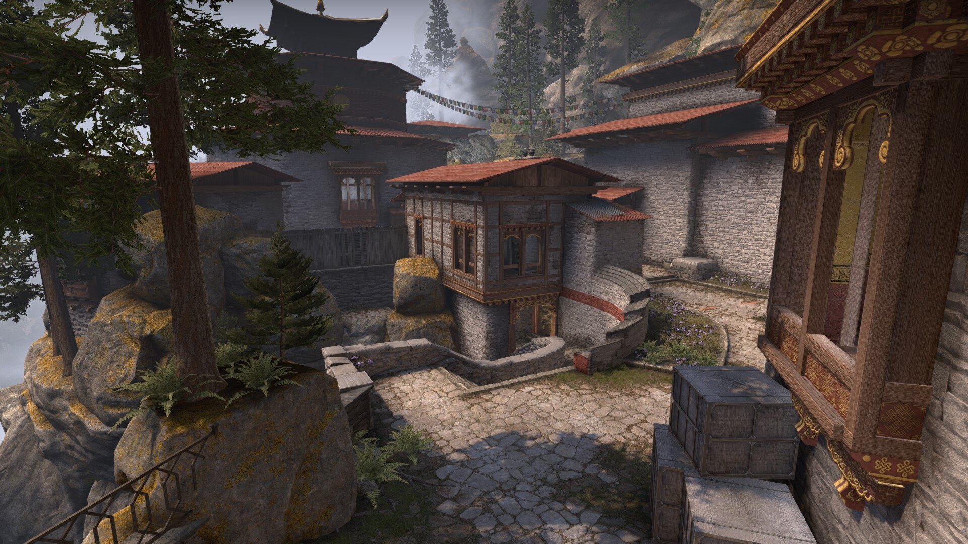 Paro CS:GO map village courtyard beneath a cliffside dzong in the mist